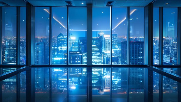 Nachtblick auf die Stadt aus dem Fenster eines modernen Bürogebäudes
