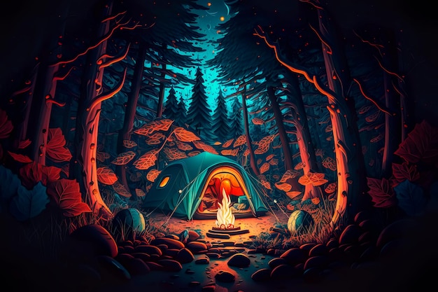 Nachtcamping im tiefen Wald mit einem Zelt mit Feuer Generative AI