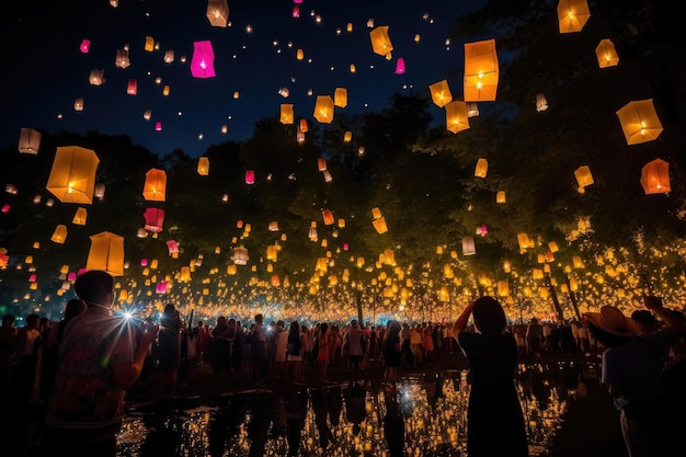 Nachtfest mit Laternen und Glühwürmchen, die den mit generativer KI geschaffenen Nachthimmel erhellen