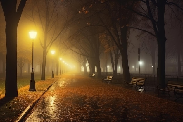 Nachtgasse im herbstlichen Stadtpark mit Bänken und hellen Laternen, nass nach Regen