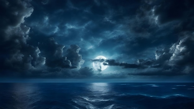 Nachthimmel mit Mond in den dunklen Wolken und dunkelblauem Meer im Vordergrund