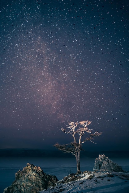 Nachthimmel mit Sternen am Baikalsee im Winter