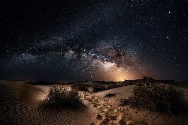 Nachthimmel mit Sternen und Mond, der über Sanddünen scheint, erstellt mit generativer KI