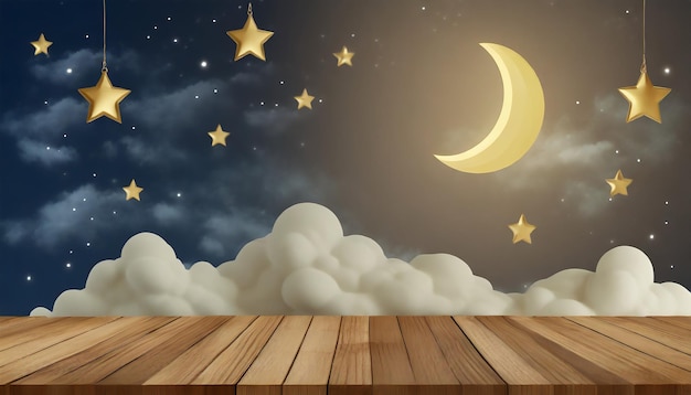 Nachthimmel mit Sternen und Mond und Wolken Holz