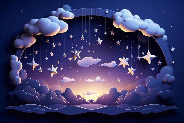 Nachthimmelwolken Rundrahmen mit Sternen auf Seil im Papierschnitt-Stil Ausschneiden 3D-Hintergrund mit Violette