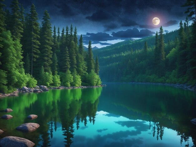Nachtlandschaft, dunkle Wolken und ein Vollmond über dem ruhigen Wasser eines Waldsees, umgeben von Felsen und Bäumen