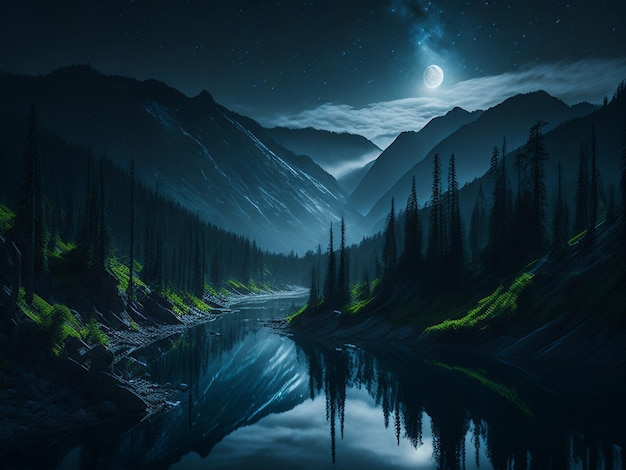 Nachtlandschaft dunkler Waldfluss