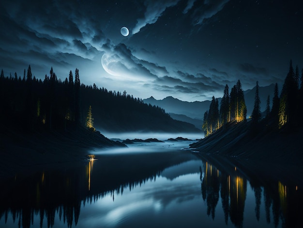 Nachtlandschaft dunkler Waldfluss