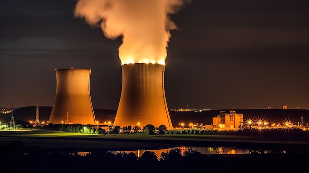 Nachtlandschaft, in der ein Kühlturm eines Wärmekraftwerks in der Nähe eines Stausees betrieben wird, der Luft erzeugt