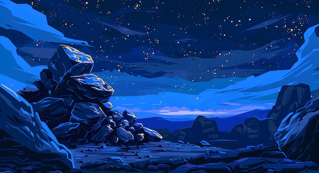 Nachtlandschaft mit Bergen, Felsen und Sternen