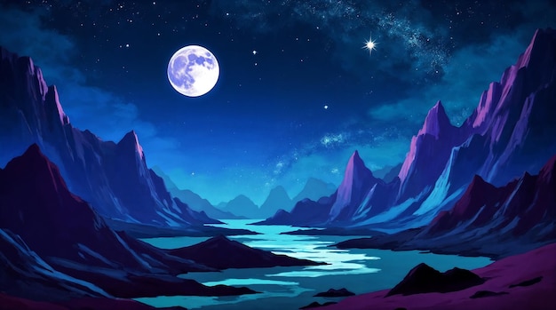 Nachtlandschaft mit Bergen, Mond und Sternen