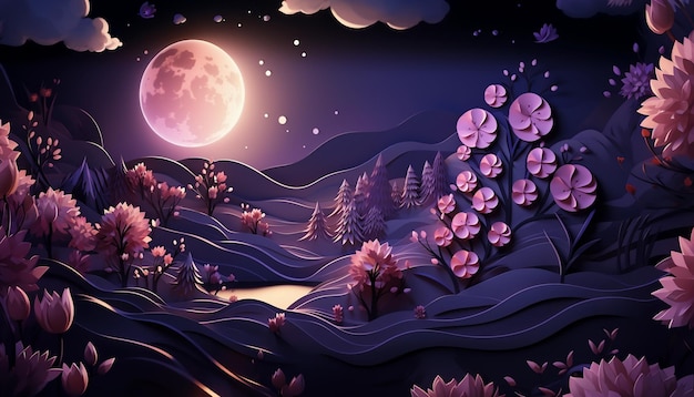 Nachtlandschaft mit Blumen und Vollmond Vektorillustration Fantasy-Hintergrund