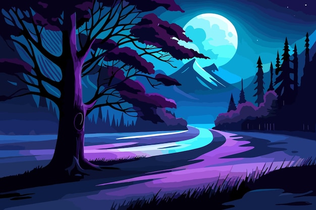 Nachtlandschaft mit einer Straße, einem Vollmond und einem Baum im Vordergrund. Vektorillustration dunkel
