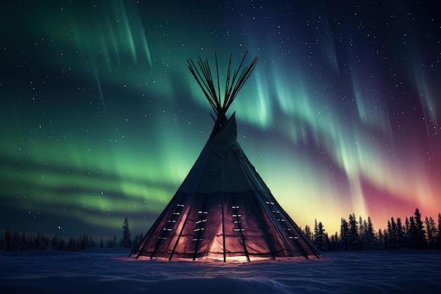 Foto nachtlandschaft mit indianerhütte und nordlichtkulturkonzept generative ki