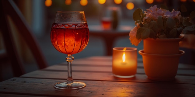 Nachtleben in der Stadt, Sonnenuntergang Stadt Abend Straßencafé Glas Orangenwein und Kerzen auf Holztisch