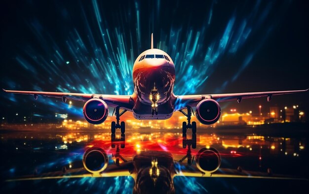 Nachtliche Luftabstraktion Flugzeug beleuchtete Spur Generative KI