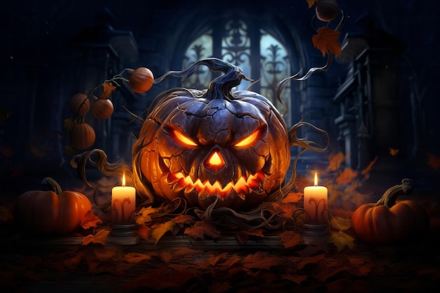 Nachtliche Schrecken gruseliger Kürbischkopf mit flackerndem Kerzenlicht in der Halloween-Nacht Ferienkonzept