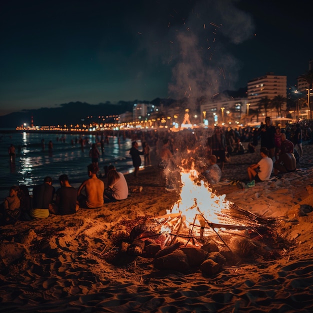 Nachtliche Versammlung am Feuer am Strand von Alicante