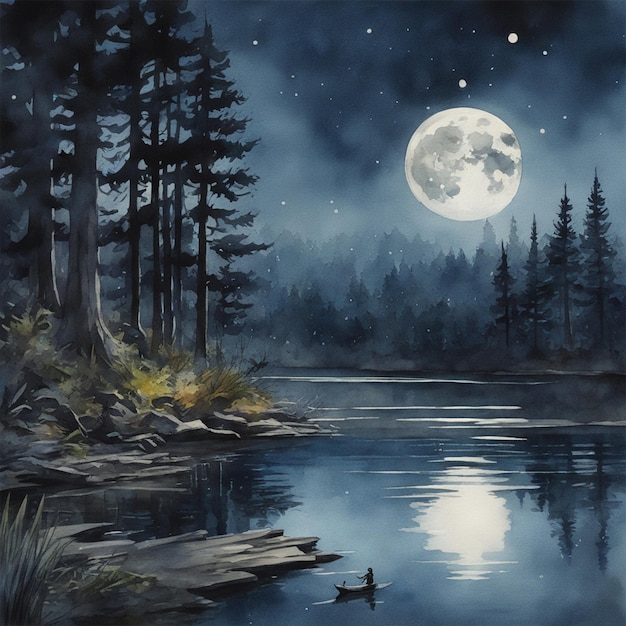 Nachtmond, See, Wald, dunkle Serenade, Liebe, Aquarell, Trend auf Artstation, scharfer Fokus