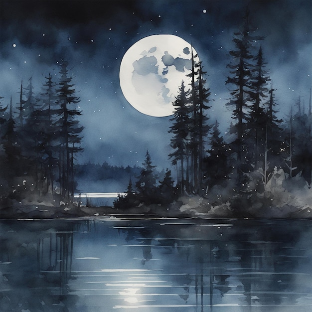 Nachtmond, See, Wald, dunkle Serenade, Liebe, Aquarell, Trend auf Artstation, scharfer Fokus