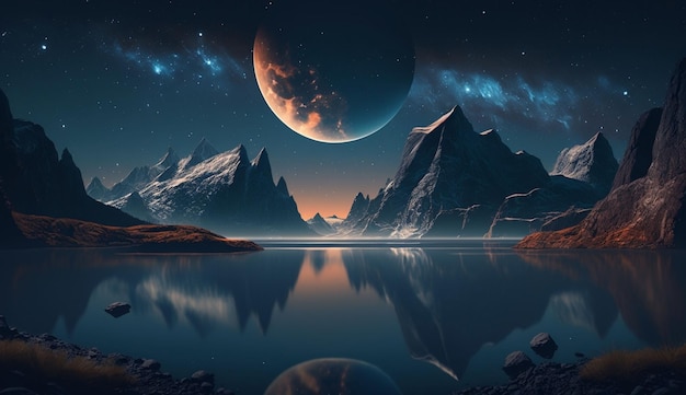 Nachtozeanlandschaft Vollmond und Sterne leuchten generative ai