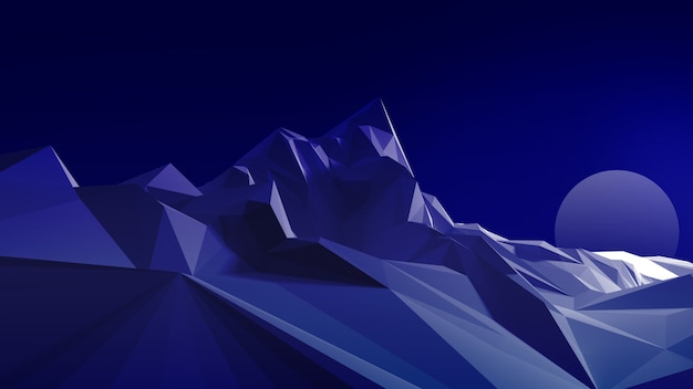 Nachtpolygonales Bild eines bergigen Geländes gegen den Himmel und den Mond. 3d darstellung