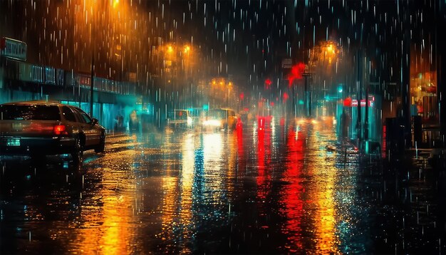 Nachtregen in der Stadt verschwommener Blick auf eine Stadtstraße mit Lichtern in einer regnerischen Nacht