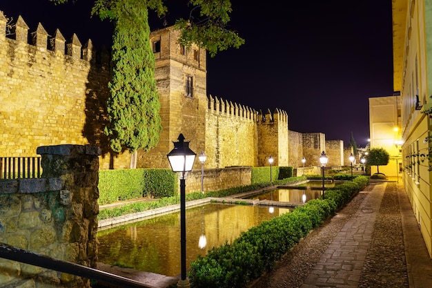 Nachts beleuchtete Straße entlang der Mauer mit Gärten und Springbrunnen. Cordoba, Spanien.