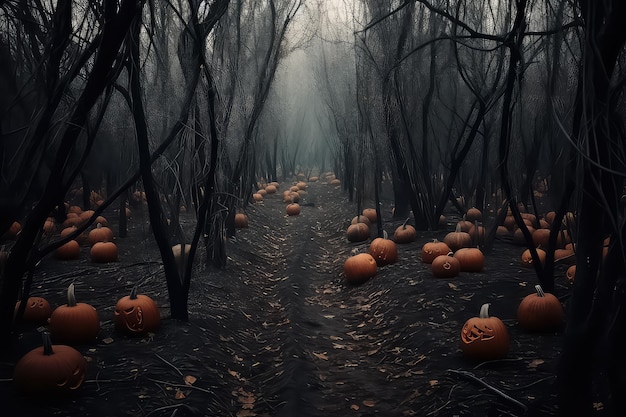 Nachts brennen Kürbisse im Wald, Halloween-Hintergrund-KI