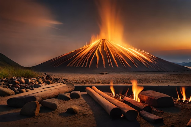 Nachts brennt ein Feuer vor einer Pyramide.