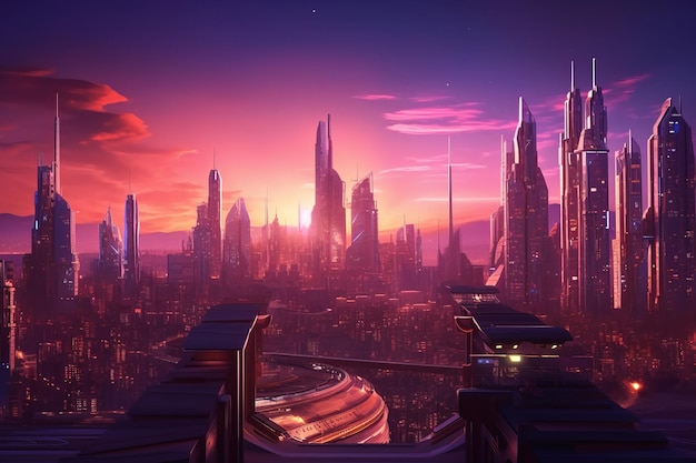 Nachts futuristische Skyline der Stadt im Synthwave-Stil Schönes Illustrationsbild Generative KI