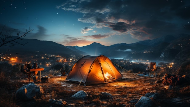 Nachts in den Bergen campen. Wunderschöne Landschaft mit bonfireregenerativer Luft