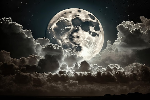 Nachts leuchtet der große Mond bewundernswert gegen die weißen Wolken des Himmels