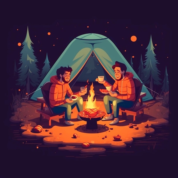 Nachts mit Freunden campen Vektorillustration im flachen Stil