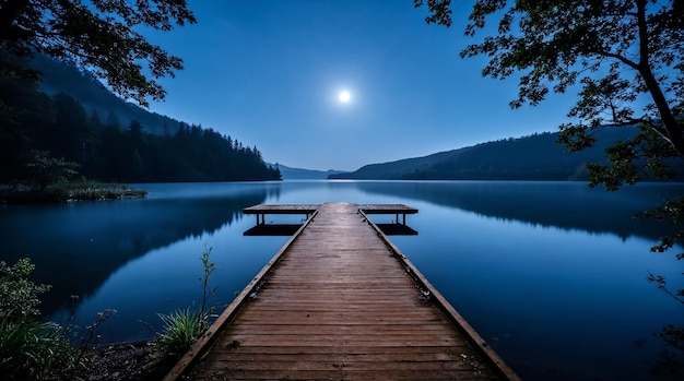 Nachts ruhig: Pier an einem ruhigen See