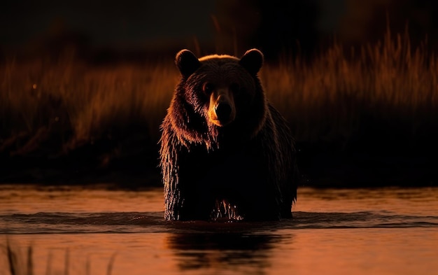 Nachts steht ein Bär im Wasser