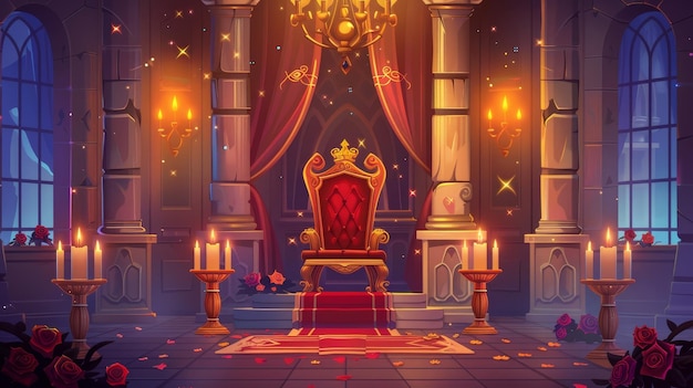 Foto nachts wird ein schlosssaalraum mit thron mit einem zeichentrickkönigreich mit einem königlichen roten und goldenen sitz auf einem sockel, einem teppich und einem vorhang, steinernen säulen, einem kronleuchter und