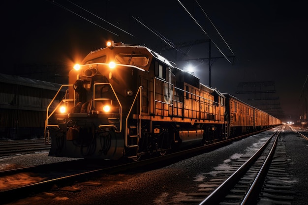 Nachtschuss eines Frachtzuges, der von Bahnhofslichtern beleuchtet wird