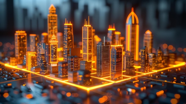 Nachtstadt in Neonleuchtung futuristische Skyline beleuchtete Türme 3D-Metropolitische Pracht KI Generative