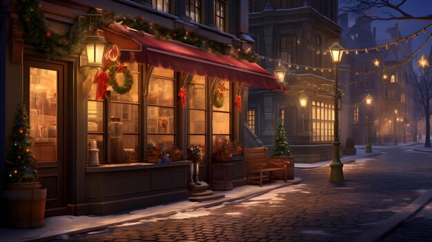 Nachtstadt mit gemütlichem Straßenblick Weihnachtsatmosphäre und Dekorationen