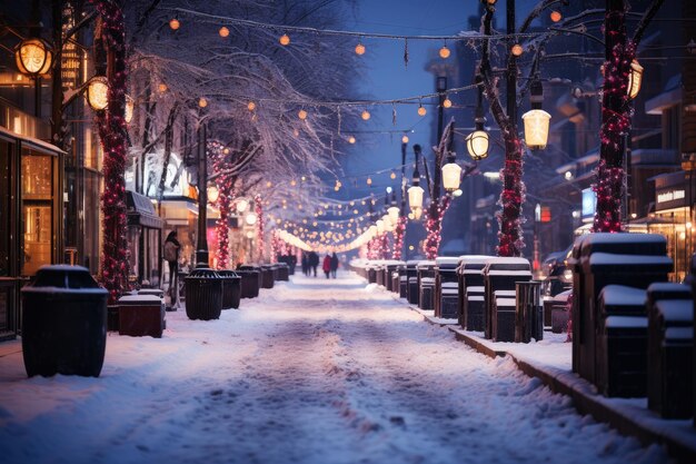 Nachtstadt Winter schneebedeckte Straße mit leuchtenden Girlanden und Laternen für Weihnachten geschmückt