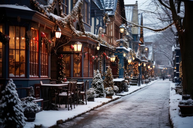 Foto nachtstadt winter schneebedeckte straße mit leuchtenden girlanden und laternen für weihnachten geschmückt