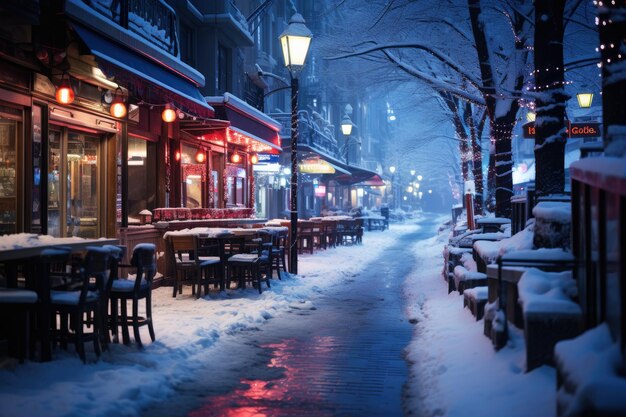 Foto nachtstadt winter schneebedeckte straße mit leuchtenden girlanden und laternen für weihnachten geschmückt