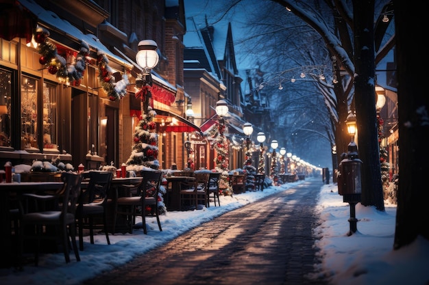 Nachtstadt Winter schneebedeckte Straße mit leuchtenden Girlanden und Laternen für Weihnachten geschmückt