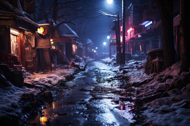 Nachtstadt Winter schneebedeckte Straße mit leuchtenden Girlanden und Laternen für Weihnachten geschmückt