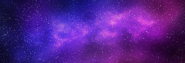 Nachtsternenhimmel und hellviolette blaue Galaxie, horizontales Hintergrundbanner. 3D-Darstellung der Milchstraße und des Universums