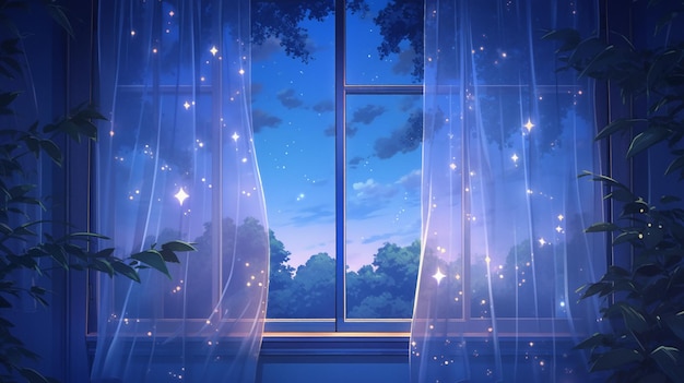 Nachtszene, die durch ein großes offenes Fenster betrachtet wird