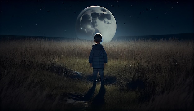 Nachtszene, die einen Jungen mit einem großen Mond auf einer digitalen Illustrationsmalerei im digitalen Kunststil auf einer Wiese zeigt