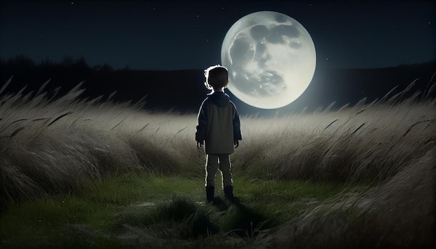 Nachtszene, die einen Jungen mit einem großen Mond auf einer digitalen Illustrationsmalerei im digitalen Kunststil auf einer Wiese zeigt