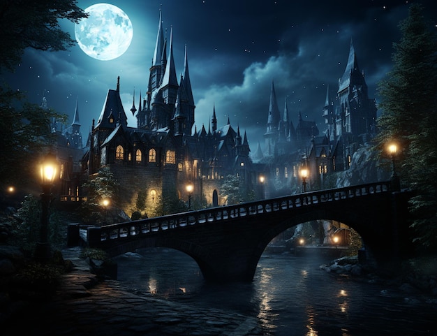 Nachtszene eines Schlosses mit einer Brücke und einem Vollmond